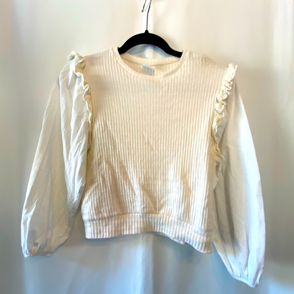 Adorable Zara Girls 11/12 White Ruffle Shoulder Mixed Material Bohemian Shirt - Picture 1 of 7